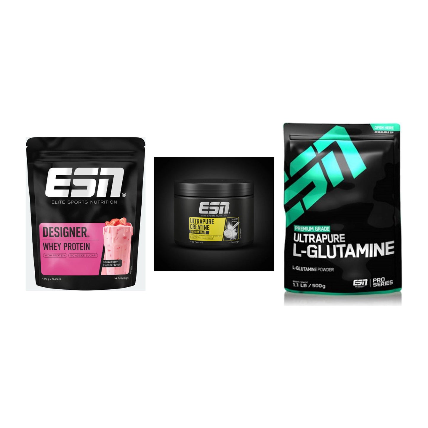 ESN Marken-Trio: Designer Whey + Ultrapure Creatine + 1 weitere – alle enthaltenen Artikel