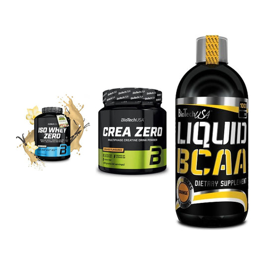 BioTech USA Marken-Trio: Iso Whey Zero + Crea Zero + Liquid BCAA – alle enthaltenen Artikel