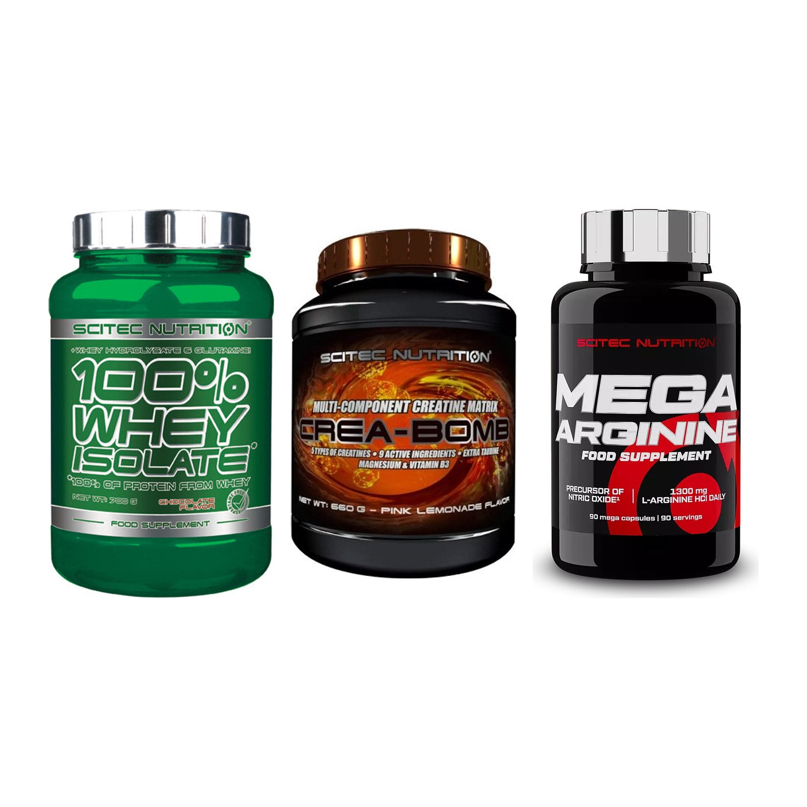Scitec Nutrition Marken-Trio: Whey Isolate + Crea-Bomb + 1 weitere – alle enthaltenen Artikel