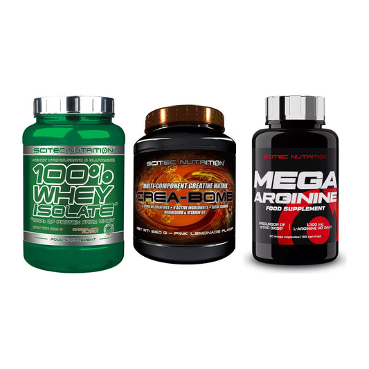 Scitec Nutrition Marken-Trio: Whey Isolate + Crea-Bomb + 1 weitere – alle enthaltenen Artikel
