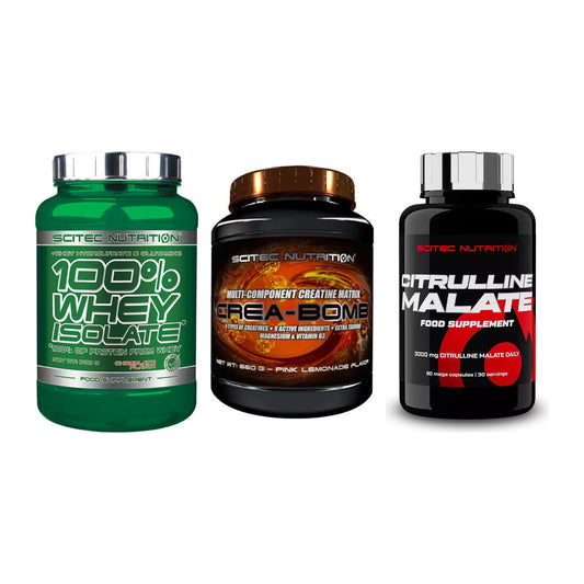 Scitec Nutrition Marken-Trio: Whey Isolate + Crea-Bomb + 1 weitere – alle enthaltenen Artikel