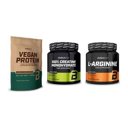 BioTech USA Marken-Trio: Vegan Protein + Creatine + L-Arginin – alle enthaltenen Artikel