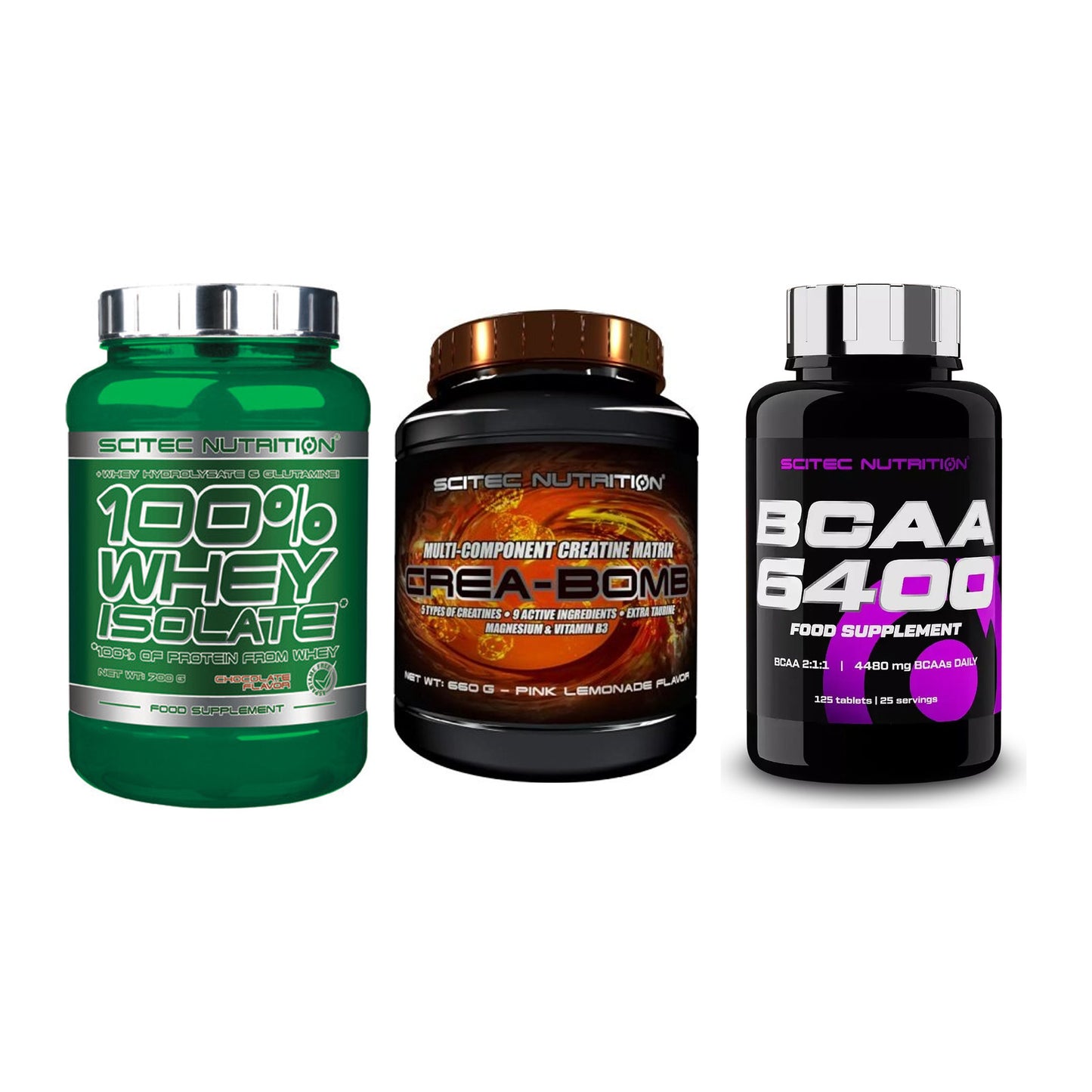 Scitec Nutrition Marken-Trio: Whey Isolate + Crea-Bomb + 1 weitere – alle enthaltenen Artikel