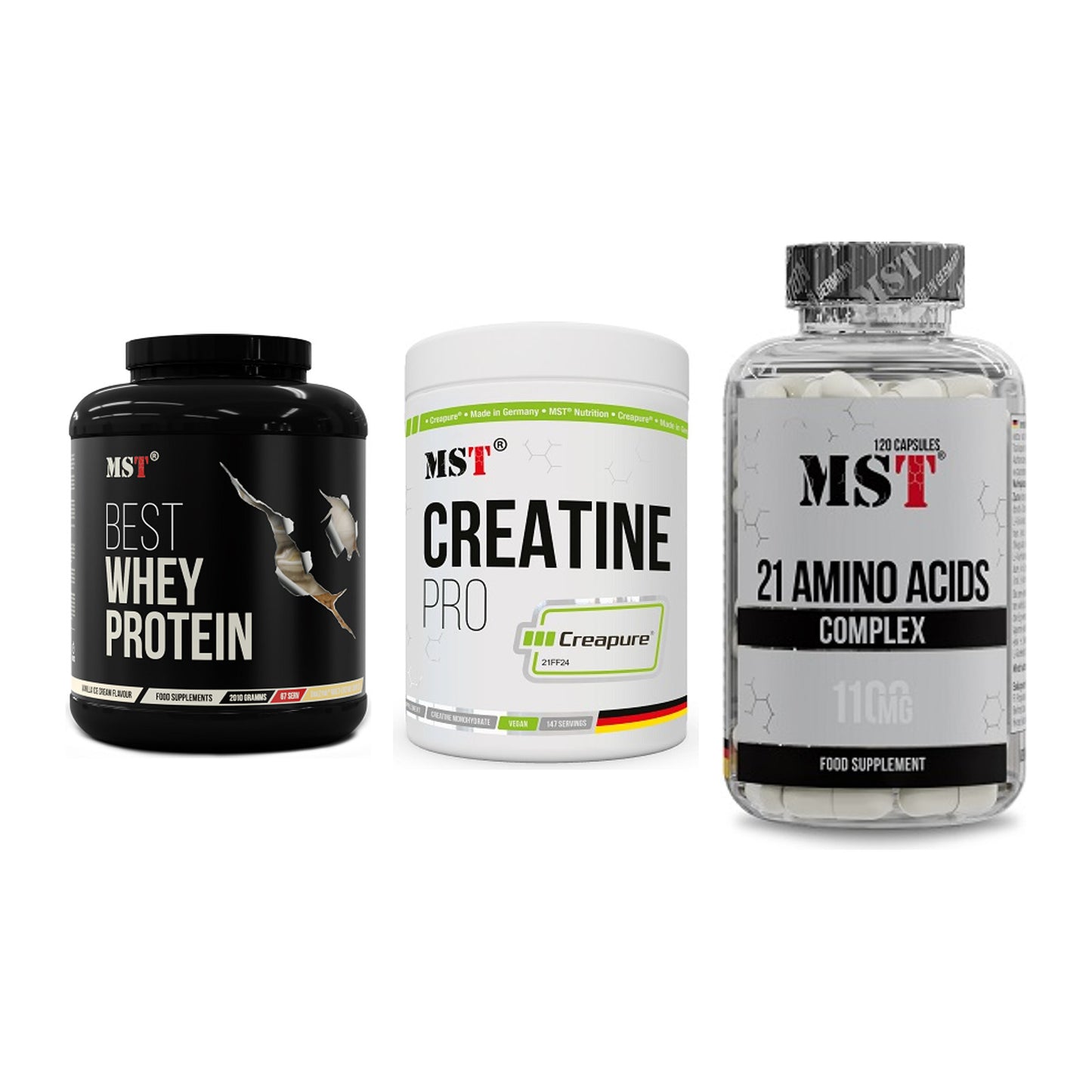 MST Marken-Trio: Best Whey + Creatin Pro + 21 Amino Acids – alle enthaltenen Artikel