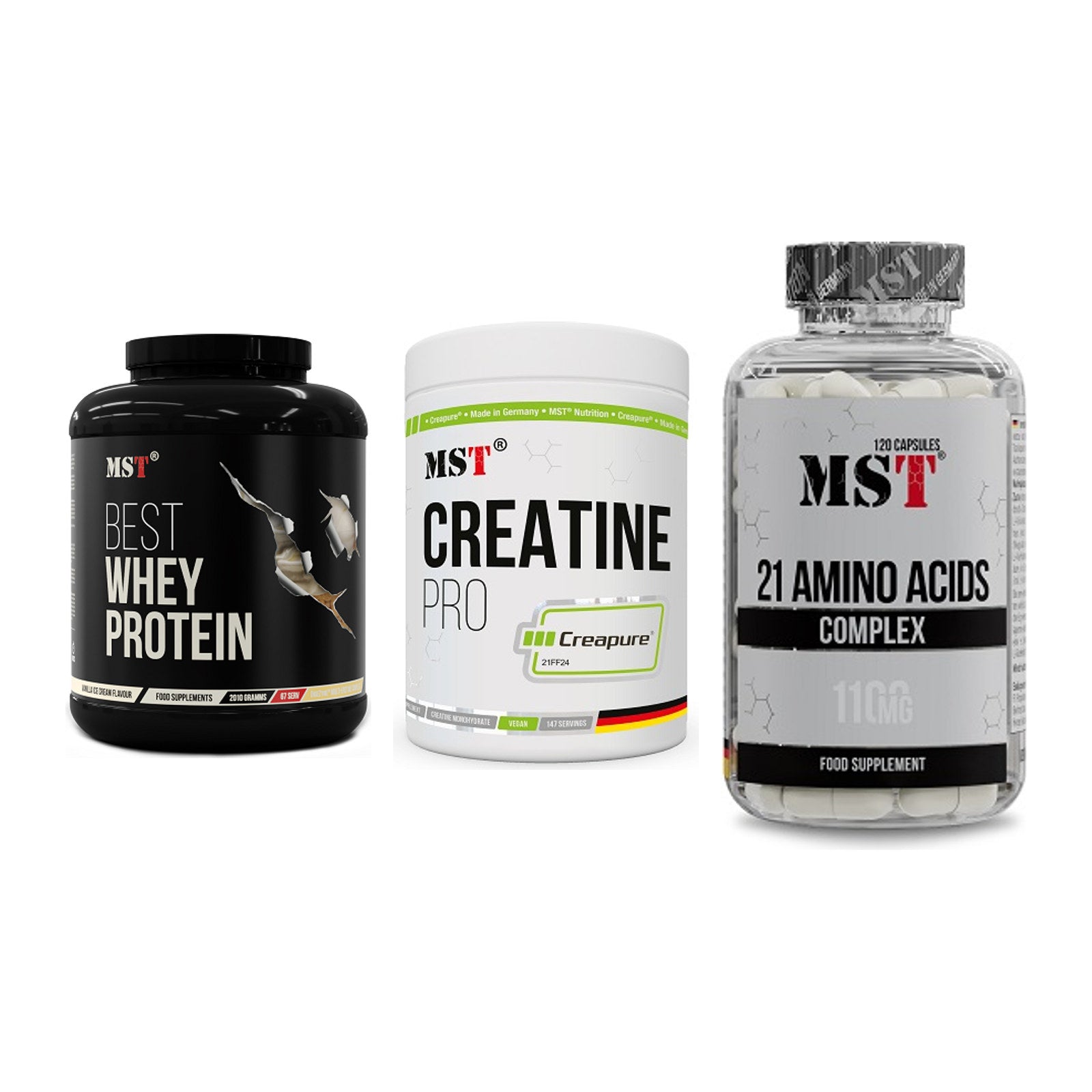 MST Marken-Trio: Best Whey + Creatin Pro + 21 Amino Acids – alle enthaltenen Artikel