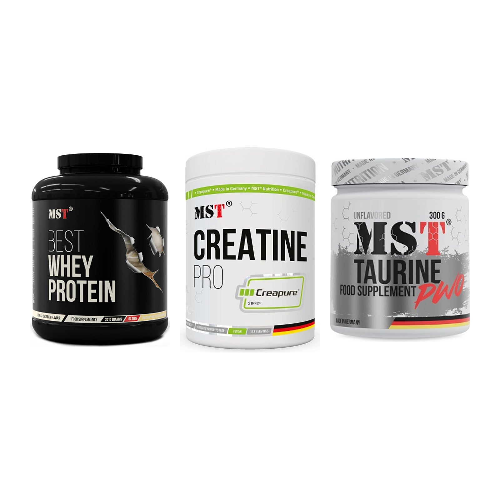 MST Marken-Trio: Best Whey Protein + Creatin Pro CREAPURE + Taurine – alle enthaltenen Artikel