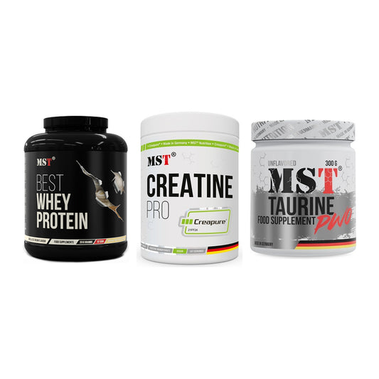 MST Marken-Trio: Best Whey Protein + Creatin Pro CREAPURE + Taurine – alle enthaltenen Artikel
