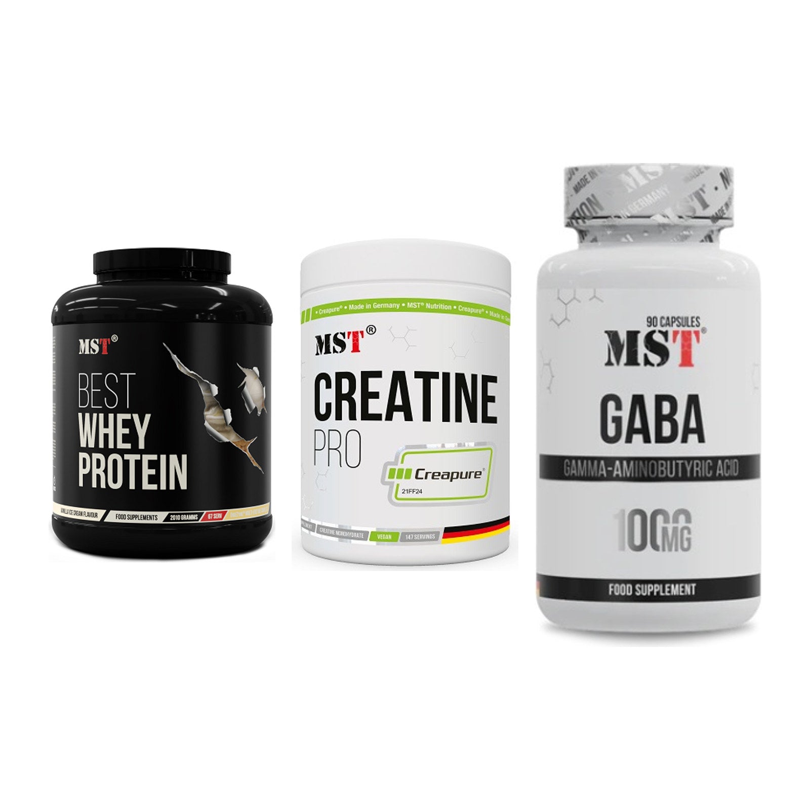 MST Marken-Trio: Best Whey + Creatin Pro + GABA 1000mg – alle enthaltenen Artikel