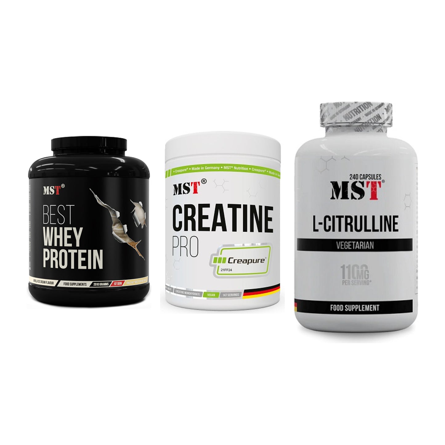 MST Marken-Trio: Best Whey Protein + Creatin Pro CREAPURE + Citrulline – alle enthaltenen Artikel