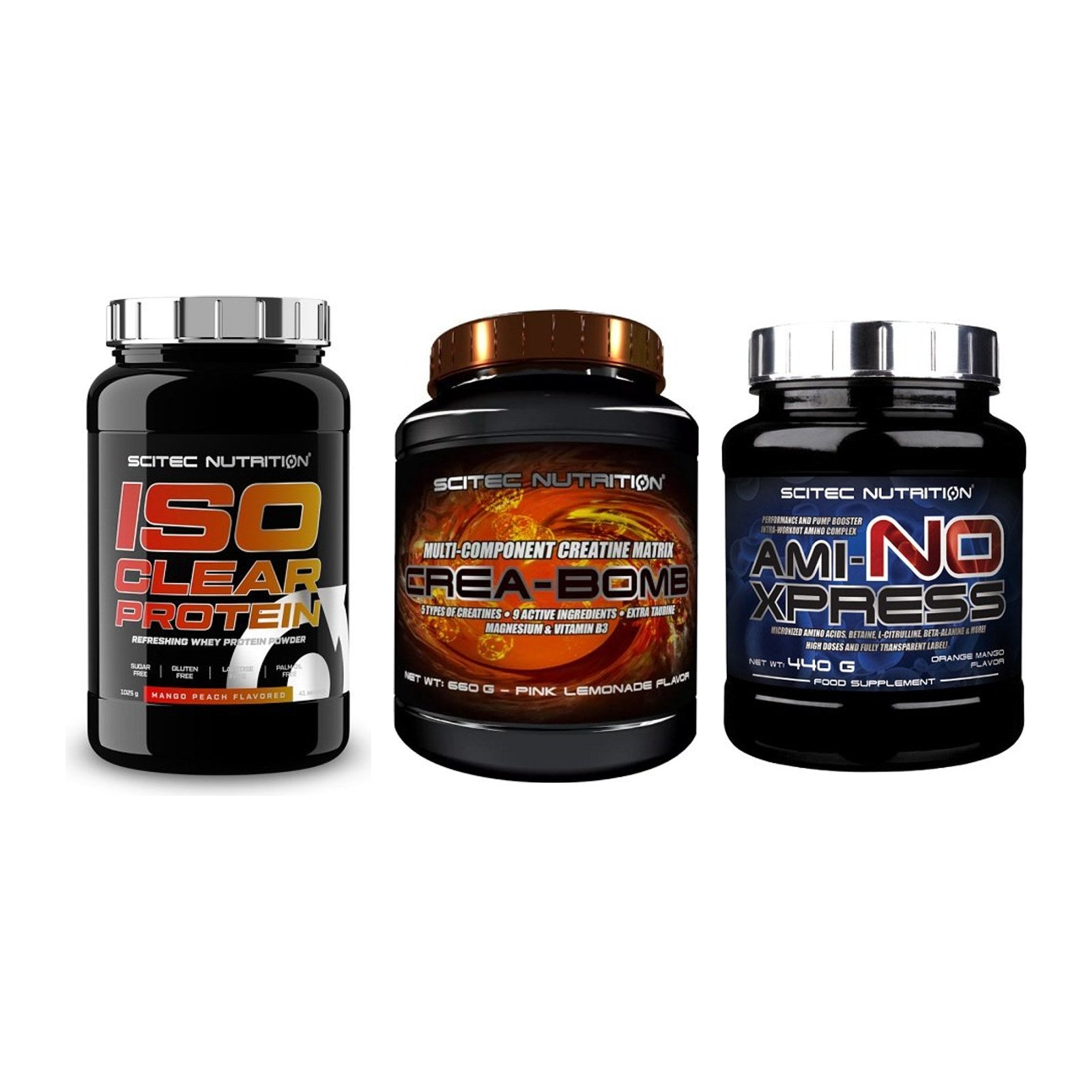 Scitec Nutrition Marken-Trio: IsoClear Protein + Crea-Bomb + 1 weitere – alle enthaltenen Artikel