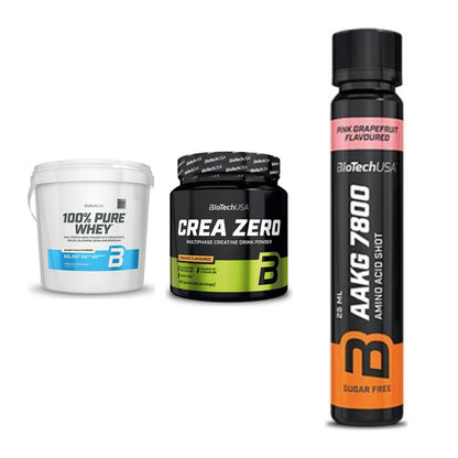 BioTech USA Marken-Trio: 100% Pure Whey + Crea Zero + AAKG 7800 – alle enthaltenen Artikel