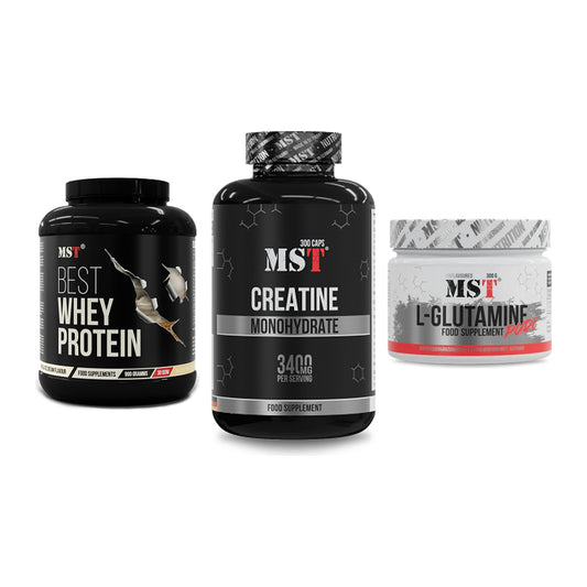 MST Marken-Trio: Best Whey Protein + Creatine Monohydrate + Glutamine – alle enthaltenen Artikel