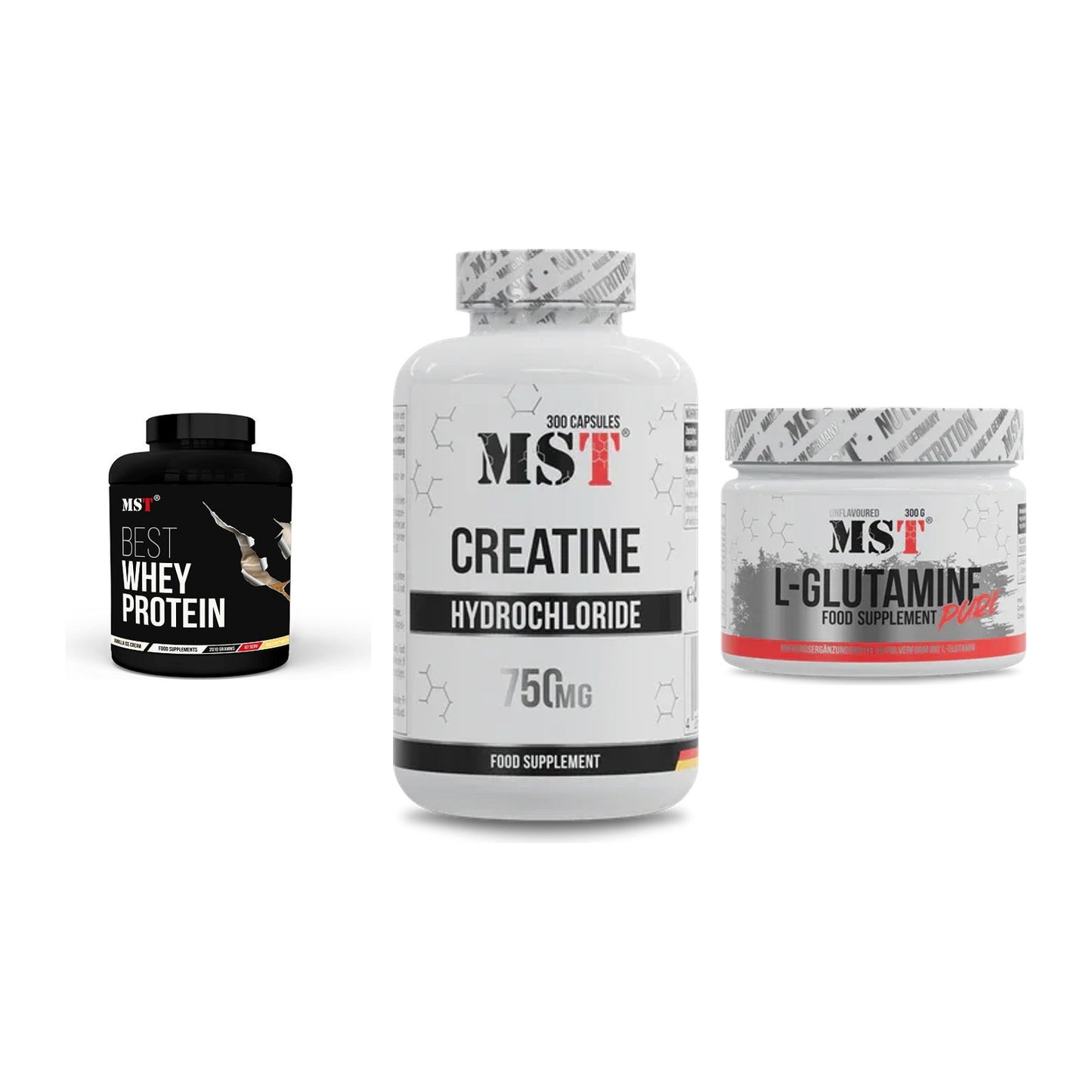 MST Marken-Trio: Best Whey Protein + Creatine HCL + Glutamine – alle enthaltenen Artikel