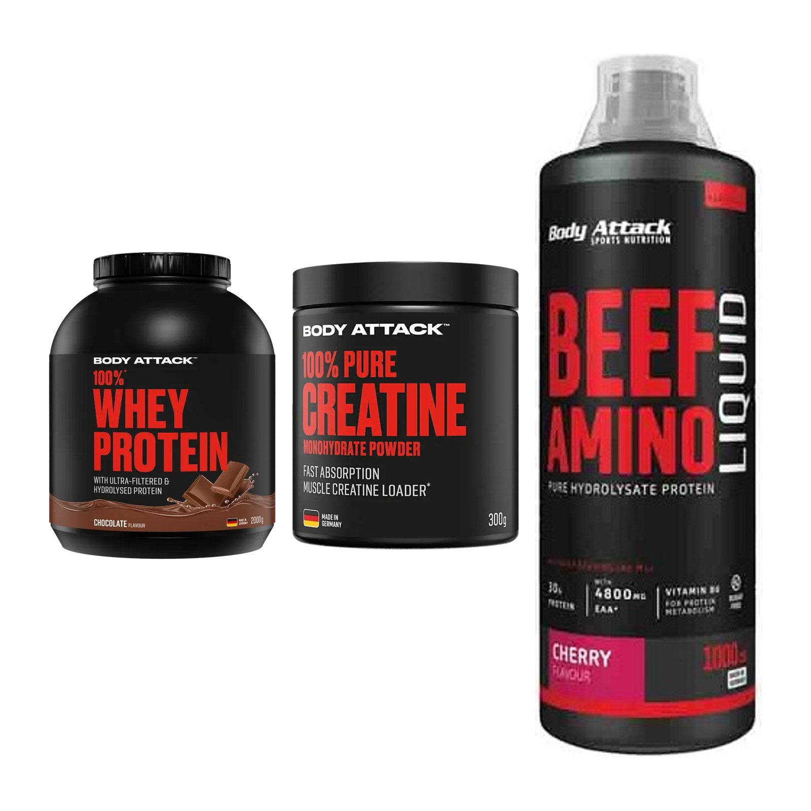 Body Attack Marken-Trio: Attack 100% Whey Protein + 2 weitere – alle enthaltenen Artikel