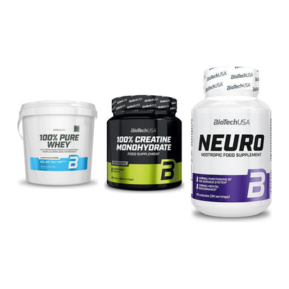 BioTech USA Marken-Trio: 100% Pure Whey + Creatine Monohydrate + Neuro – alle enthaltenen Artikel