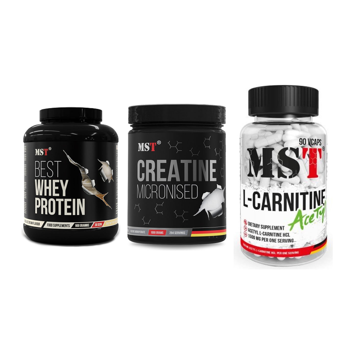 MST Marken-Trio: Best Whey + Creatin Monohyd + L-Carnitine – alle enthaltenen Artikel