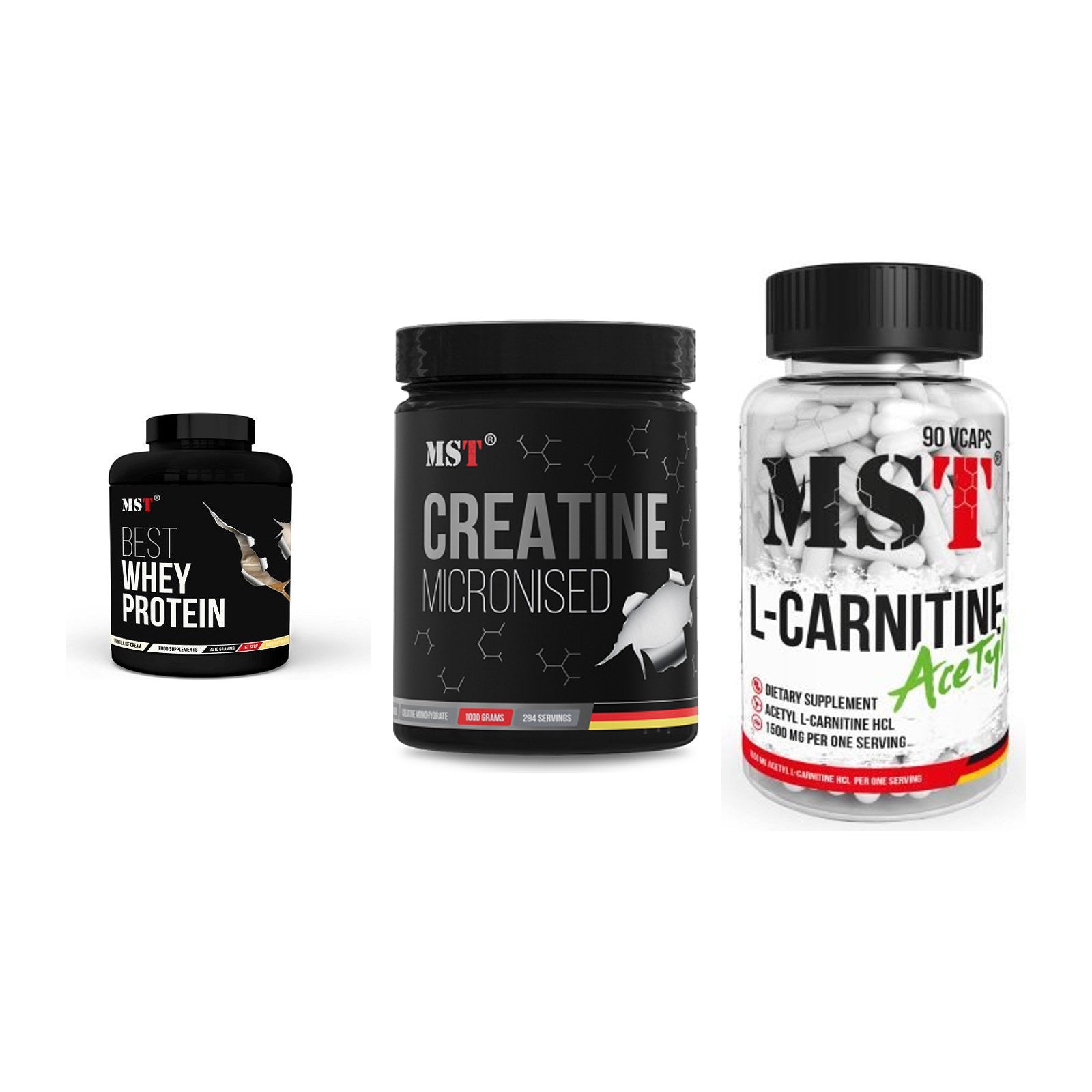 MST Marken-Trio: Best Whey + Creatin Monohyd + L-Carnitine – alle enthaltenen Artikel