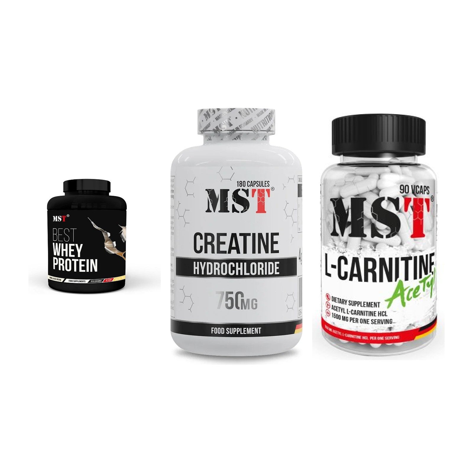 MST Marken-Trio: Best Whey + Creatine HCL + L-Carnitine – alle enthaltenen Artikel