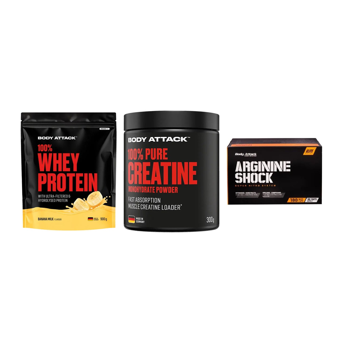 Body Attack Marken-Trio: Attack 100% Whey Protein + 2 weitere – alle enthaltenen Artikel