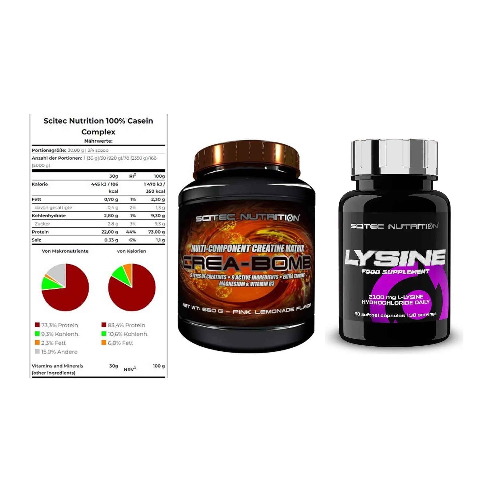 Scitec Nutrition Marken-Trio: Casein Complex + Crea-Bomb + 1 weitere – alle enthaltenen Artikel