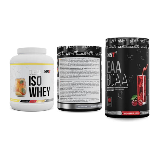 MST Marken-Trio: Iso Clear 900g + Creatin Monohyd + EAA & BCAA 520g – alle enthaltenen Artikel