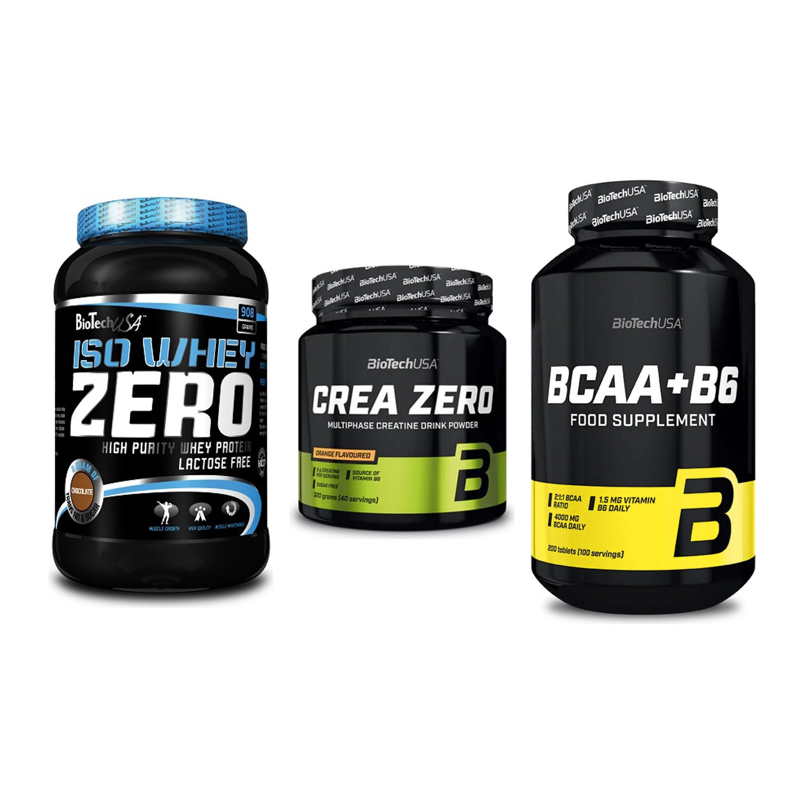 BioTech USA Marken-Trio: Iso Whey Zero + Crea Zero + BCAA+B6 200 Tabl – alle enthaltenen Artikel