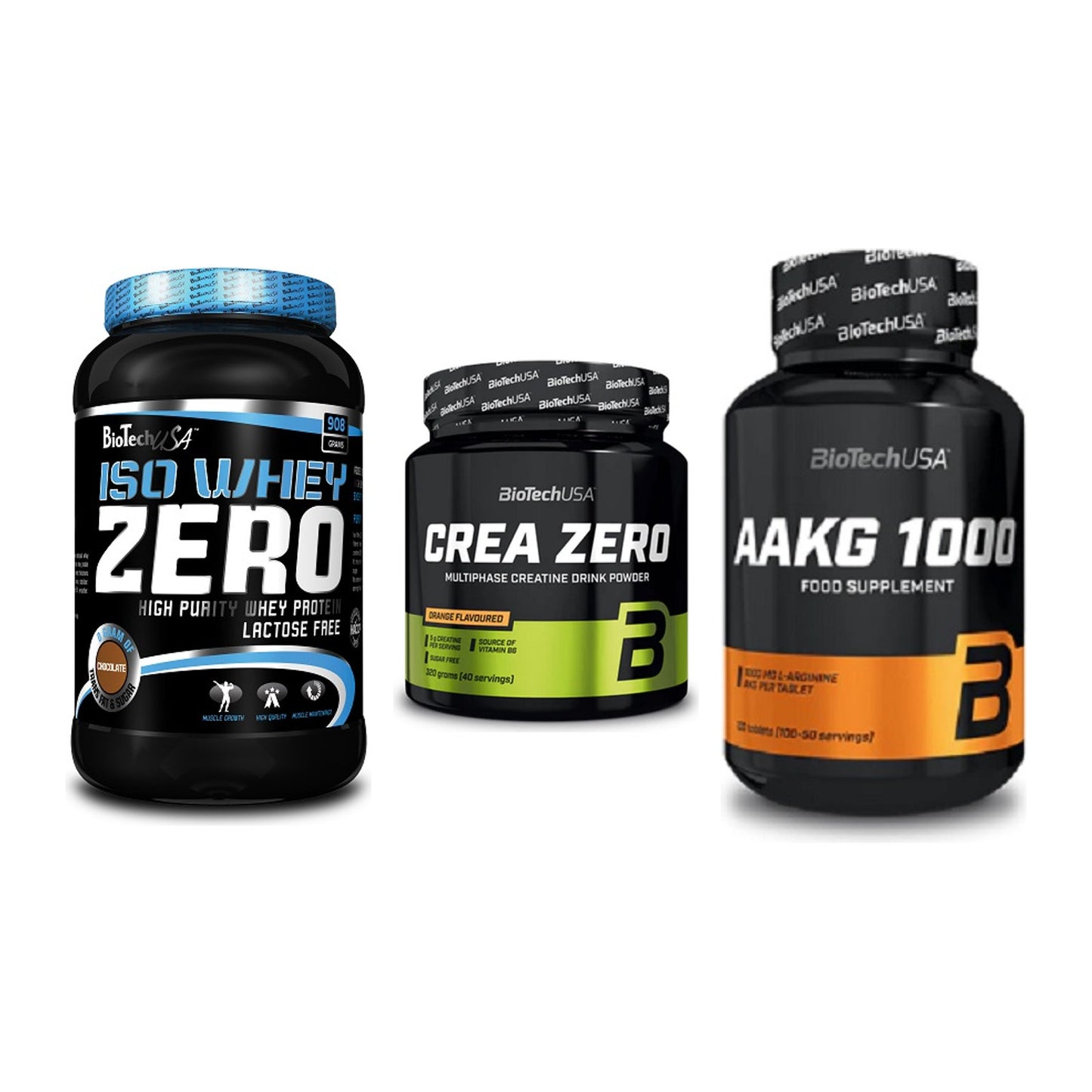 BioTech USA Marken-Trio: Iso Whey Zero + Crea Zero + AAKG 1000mg – alle enthaltenen Artikel