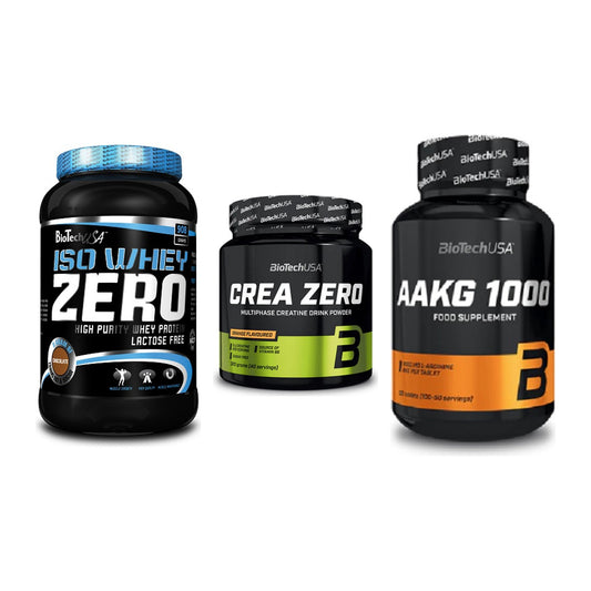 BioTech USA Marken-Trio: Iso Whey Zero + Crea Zero + AAKG 1000mg – alle enthaltenen Artikel