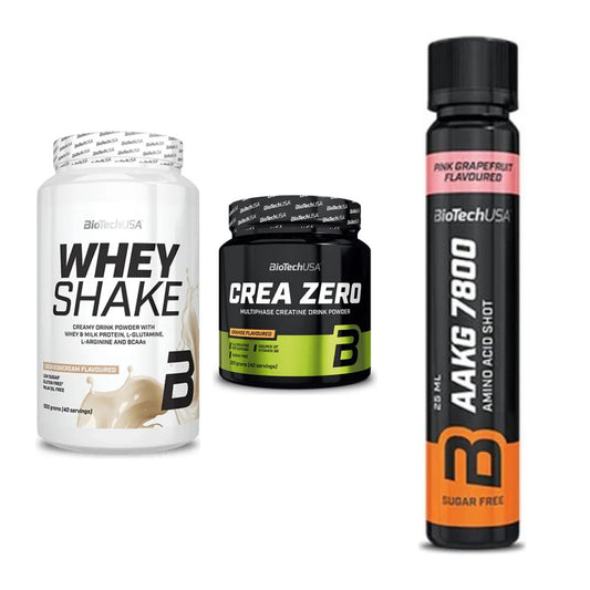 BioTech USA Marken-Trio: Whey Shake + Crea Zero + AAKG 7800 20 – alle enthaltenen Artikel