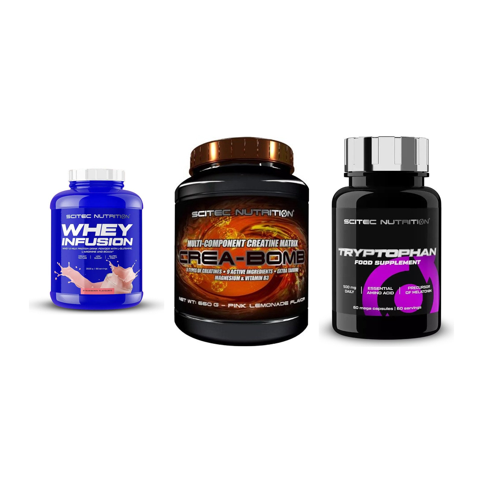 Scitec Nutrition Marken-Trio: Whey Infusio + Crea-Bomb + 1 weitere – alle enthaltenen Artikel