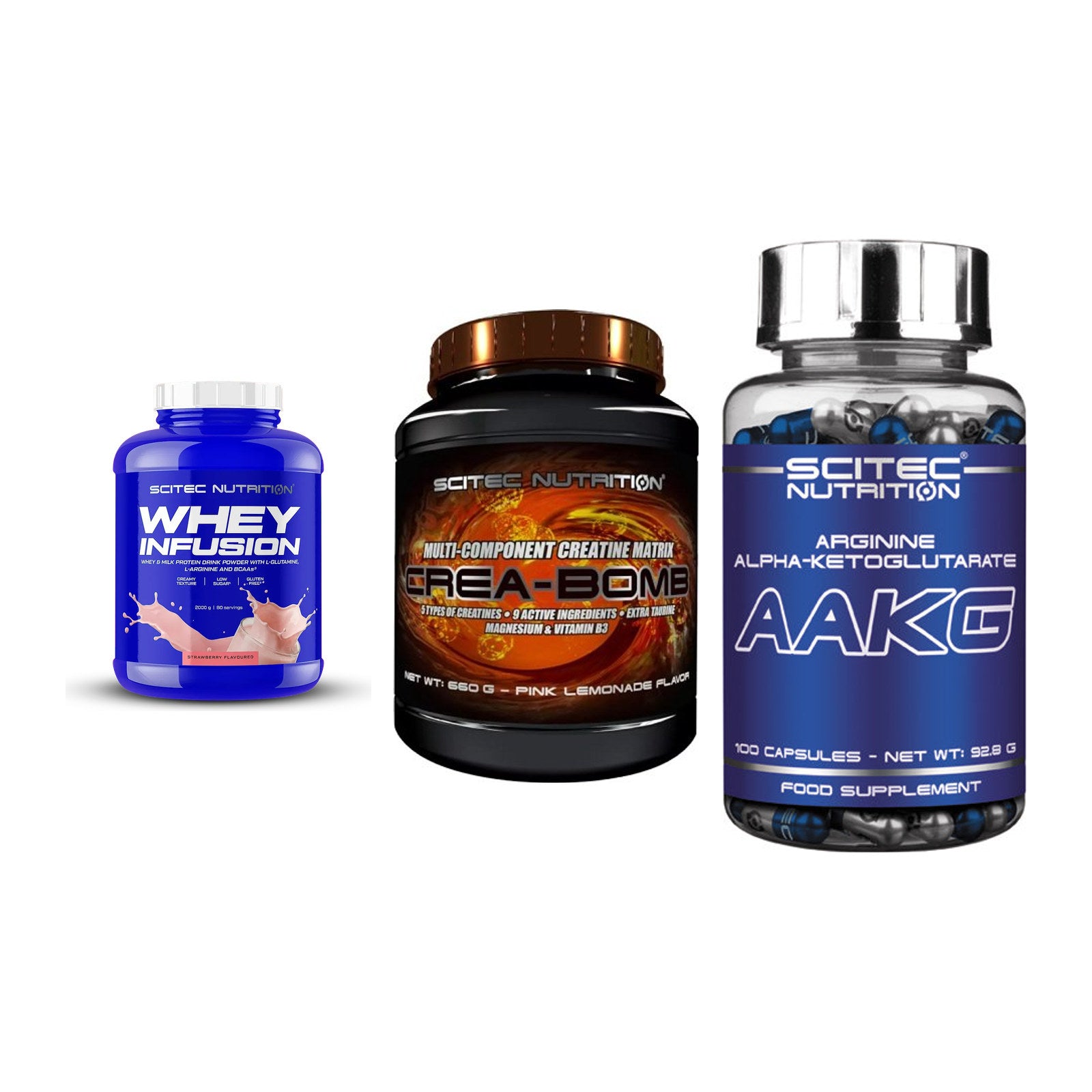 Scitec Nutrition Marken-Trio: Whey Infusio + Crea-Bomb + 1 weitere – alle enthaltenen Artikel