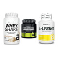 BioTech USA Marken-Trio: Whey Shake + Creatine Monohydrate + L-Lysine – alle enthaltenen Artikel