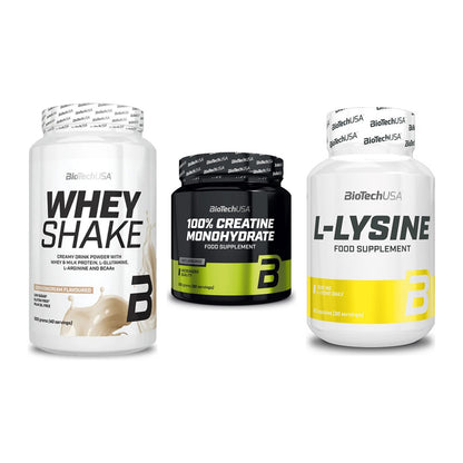 BioTech USA Marken-Trio: Whey Shake + Creatine Monohydrate + L-Lysine – alle enthaltenen Artikel