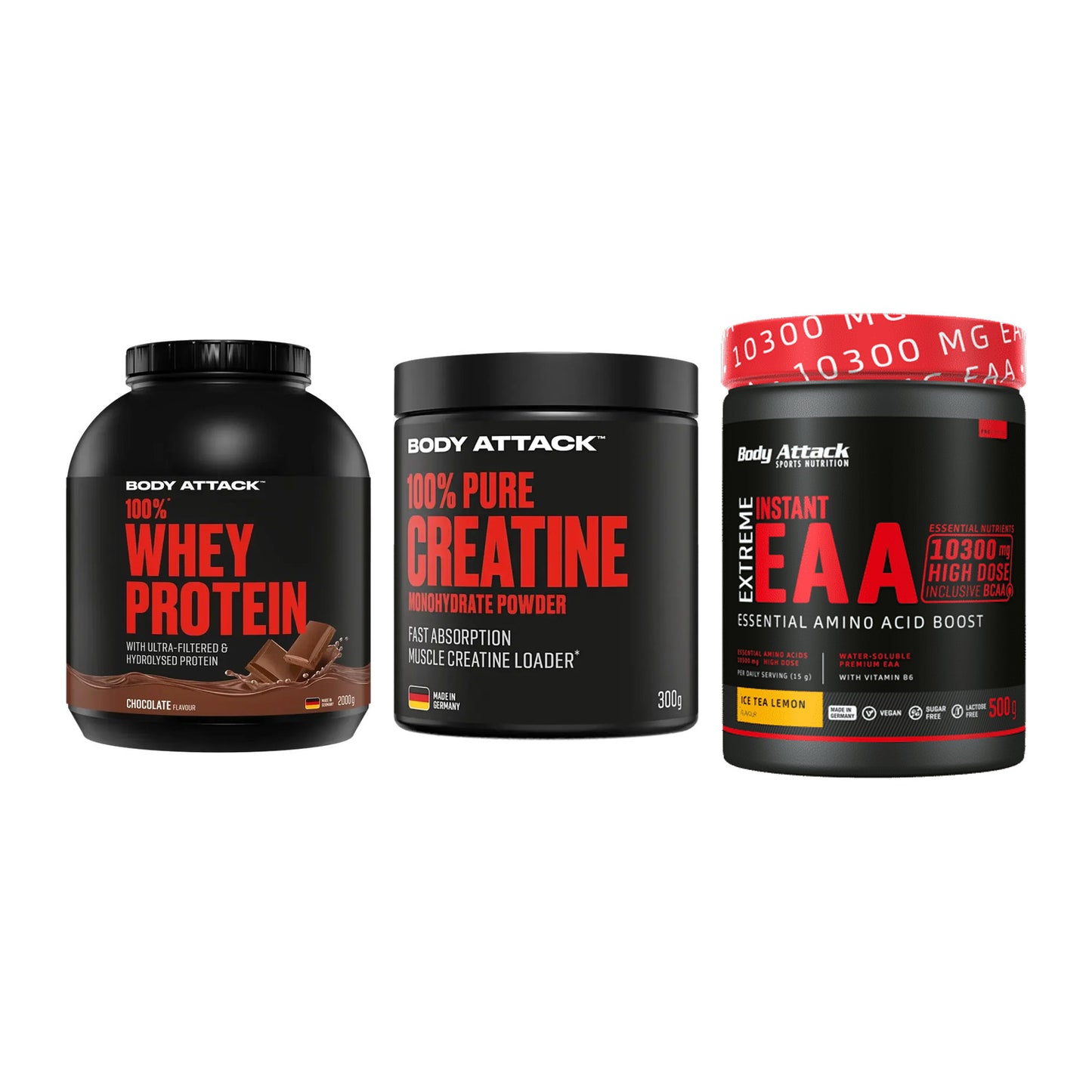 Body Attack Marken-Trio: Attack 100% Whey Protein 2000g + 2 weitere – alle enthaltenen Artikel