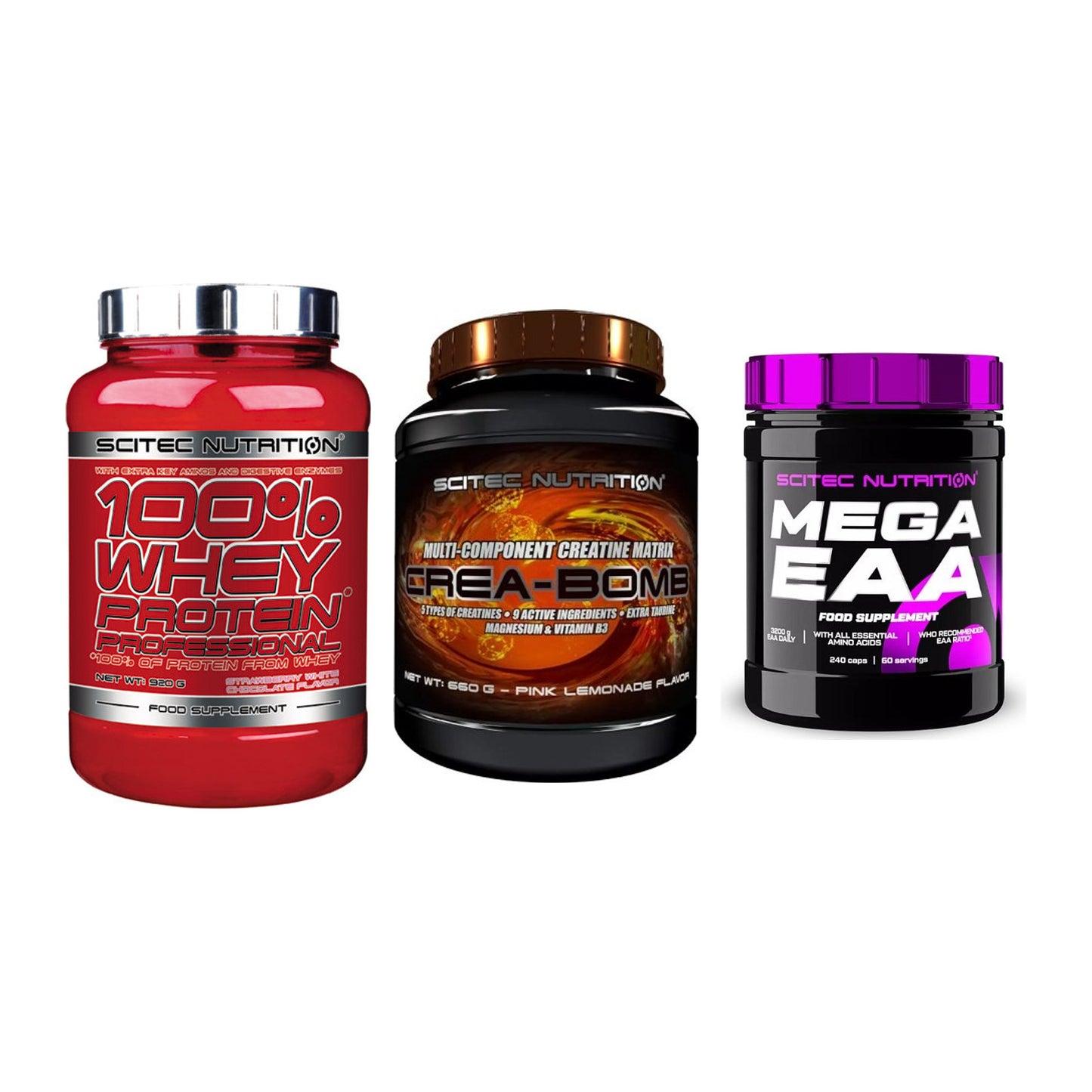 Scitec Nutrition Marken-Trio: 100% Whey + Crea-Bomb + 1 weitere – alle enthaltenen Artikel