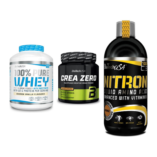 BioTech USA Marken-Trio: 100% Pure Whey + Crea Zero + Liquid Amino – alle enthaltenen Artikel