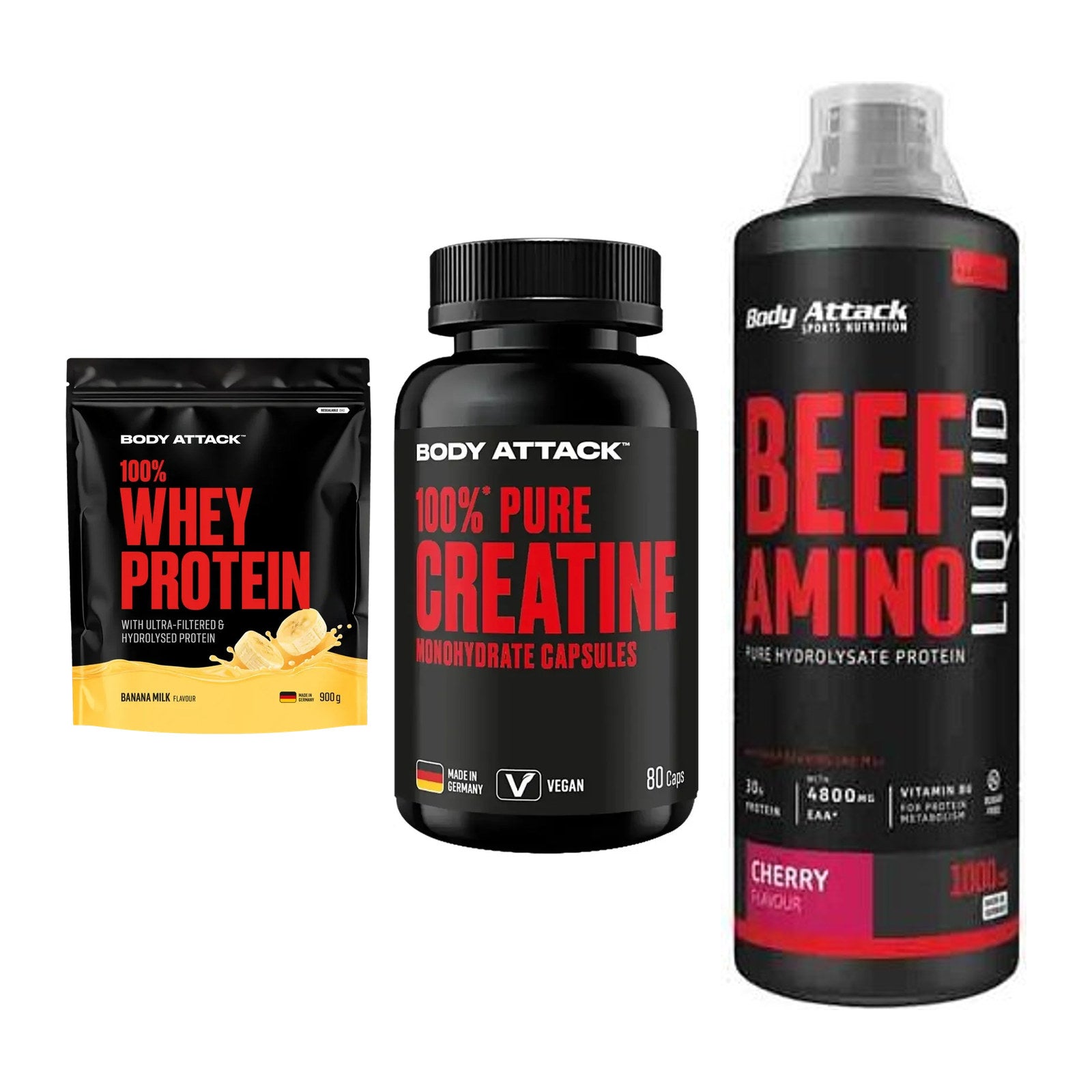 Body Attack Marken-Trio: Attack 100% Whey Protein 900g + 2 weitere – alle enthaltenen Artikel