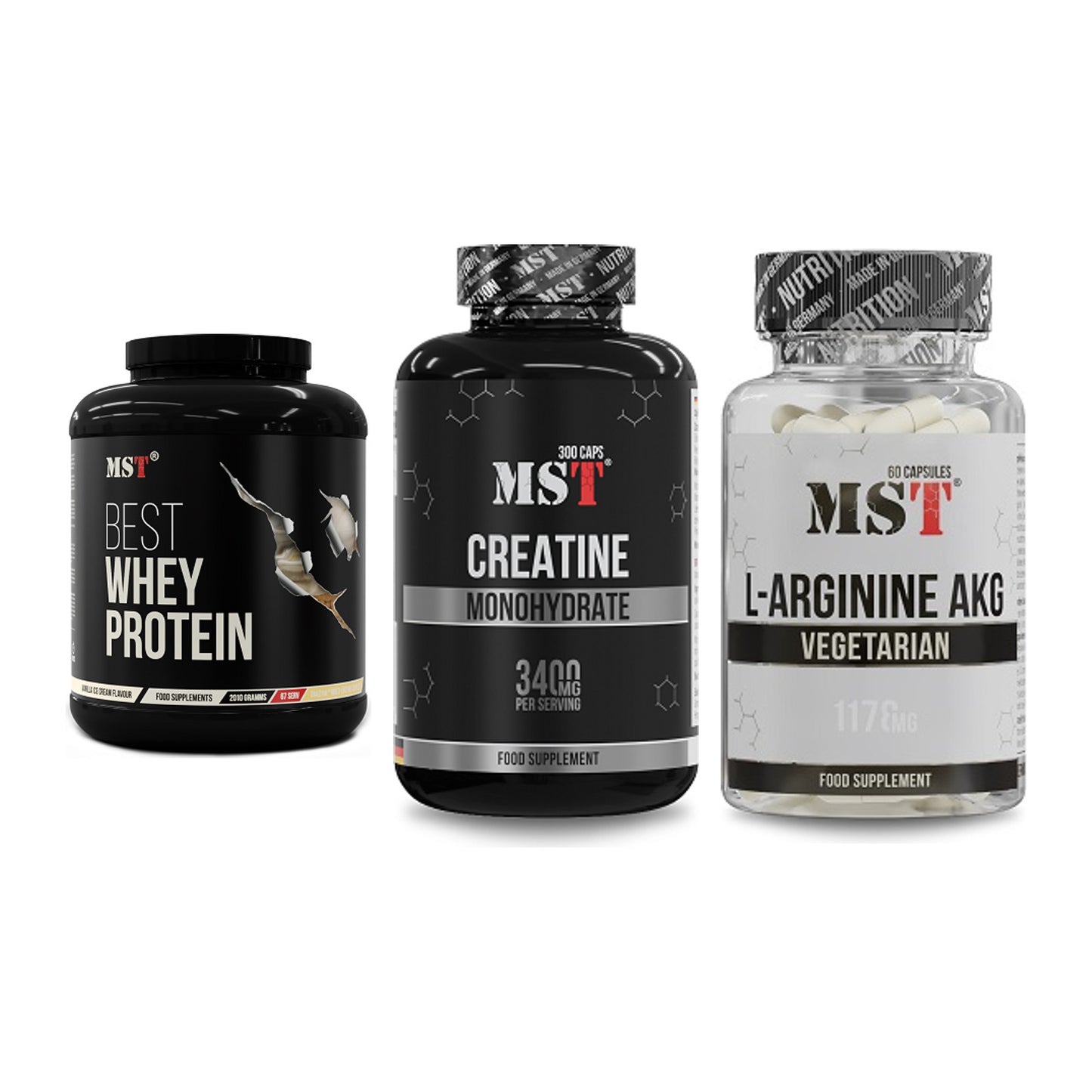 MST Marken-Trio: Best Whey + Creatine + Arginin AAKG – alle enthaltenen Artikel