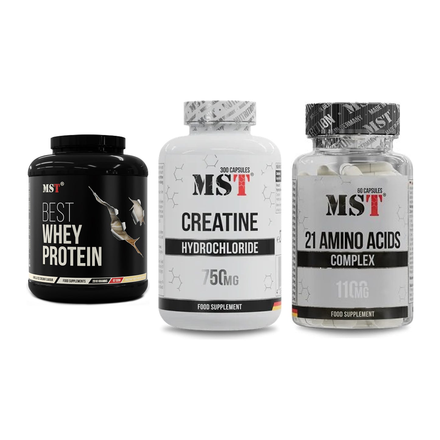 MST Marken-Trio: Best Whey + Creatine HCL + 21 Amino Acids – alle enthaltenen Artikel