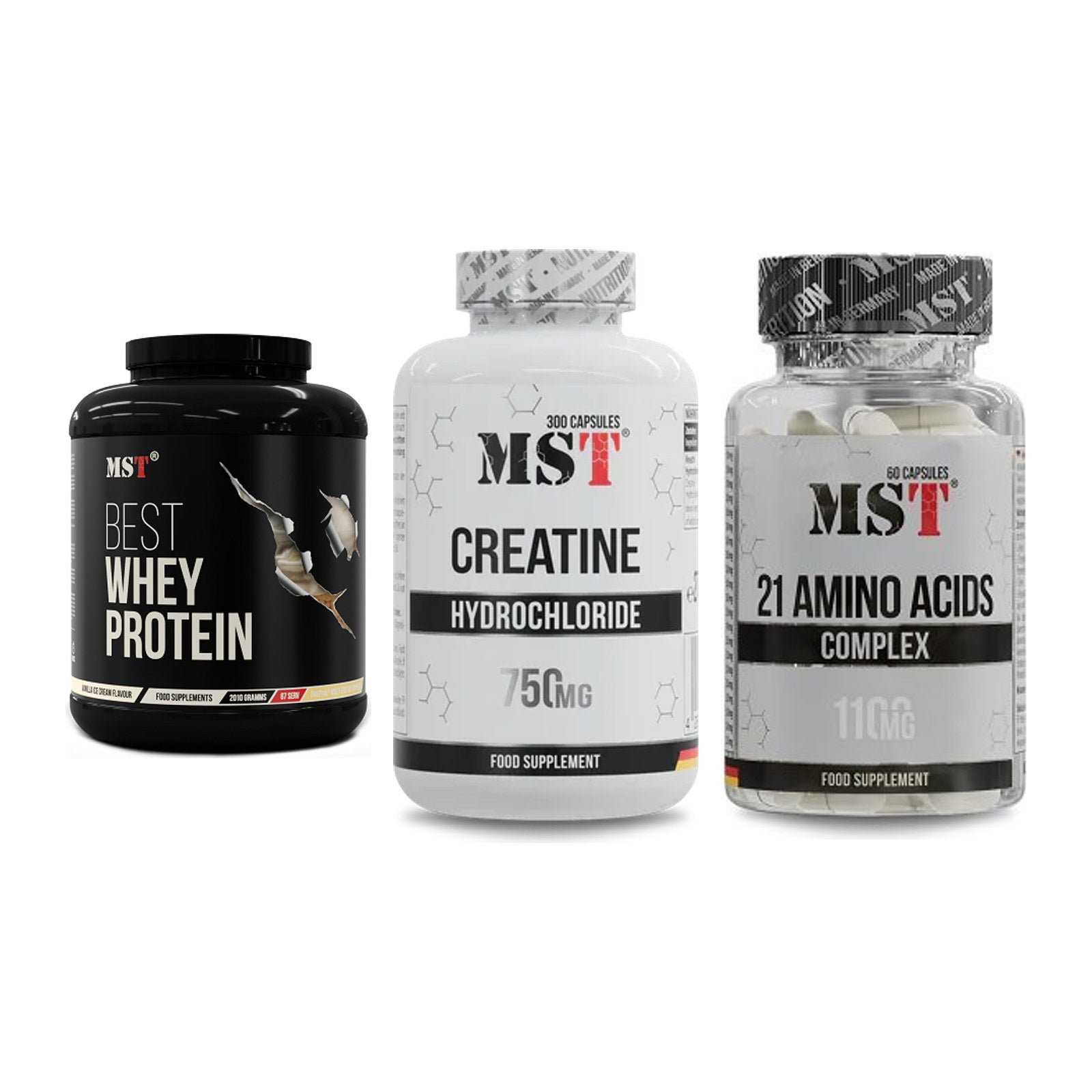 MST Marken-Trio: Best Whey + Creatine HCL + 21 Amino Acids – alle enthaltenen Artikel