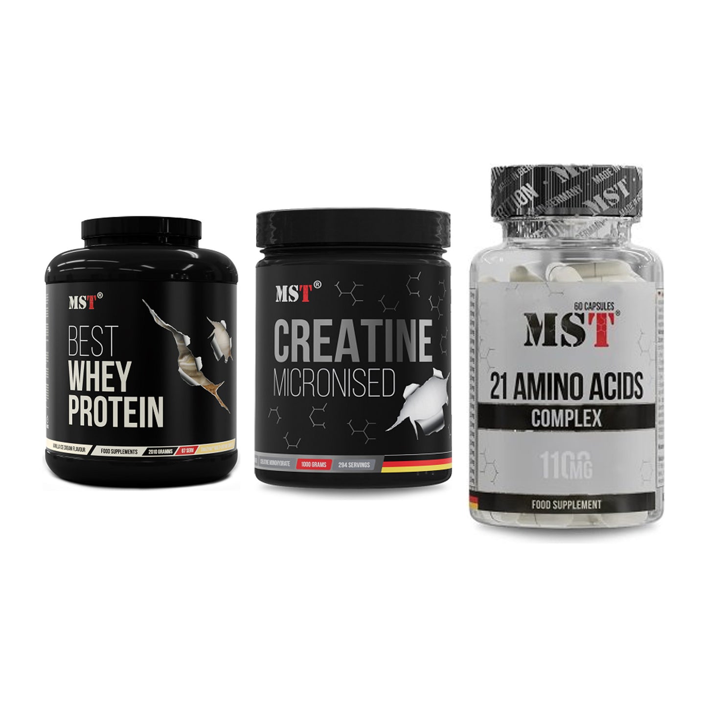 MST Marken-Trio: Best Whey + Creatin Monohyd + 21 Amino Acids – alle enthaltenen Artikel