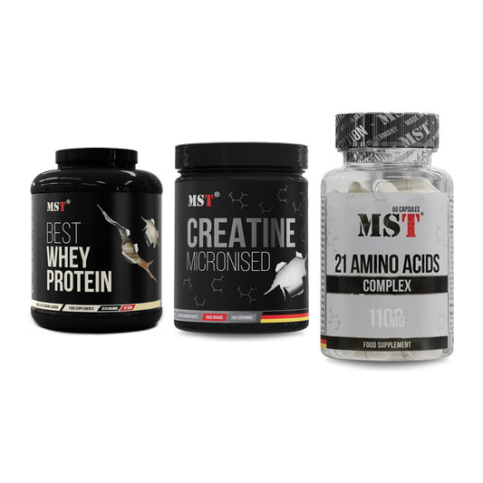 MST Marken-Trio: Best Whey + Creatin Monohyd + 21 Amino Acids – alle enthaltenen Artikel