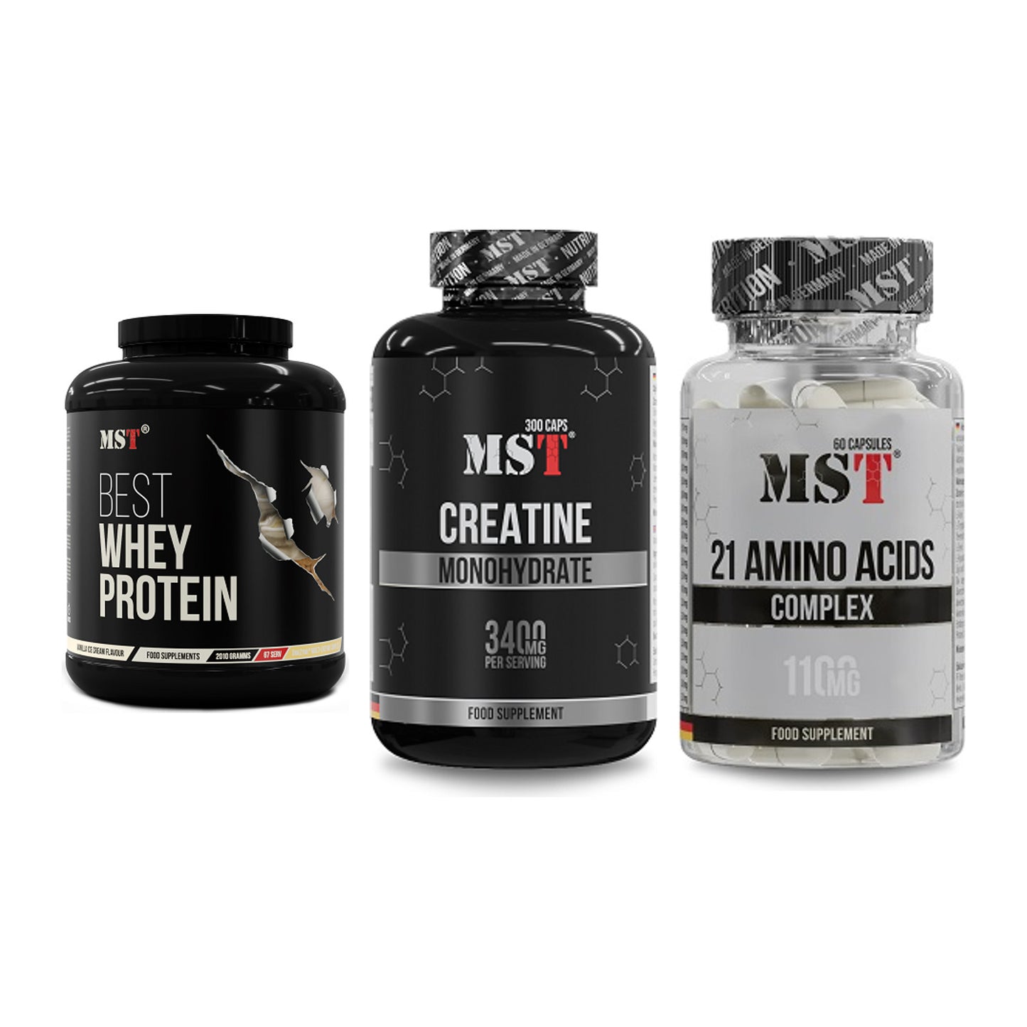 MST Marken-Trio: Best Whey + Creatine + 21 Amino Acids – alle enthaltenen Artikel