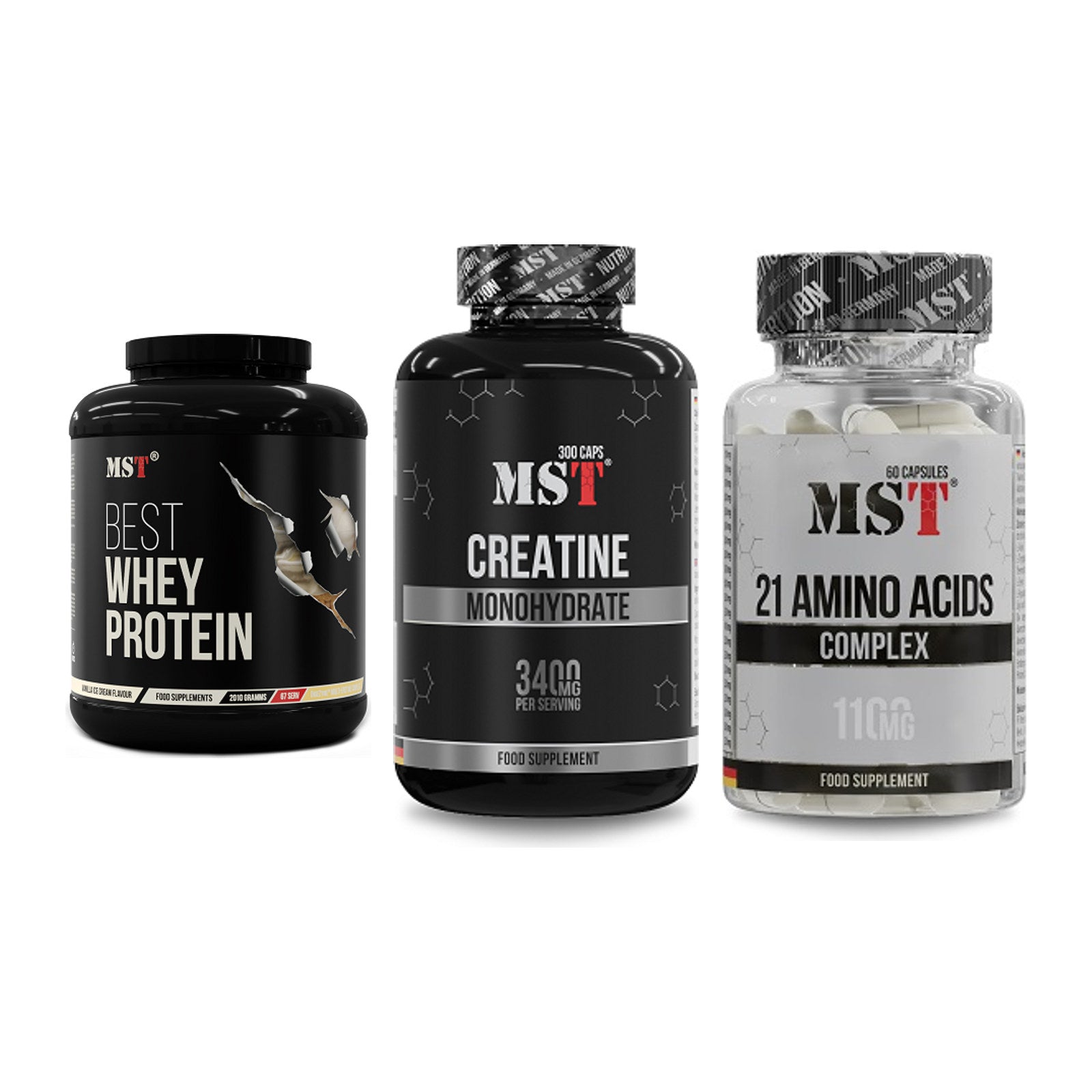 MST Marken-Trio: Best Whey + Creatine + 21 Amino Acids – alle enthaltenen Artikel