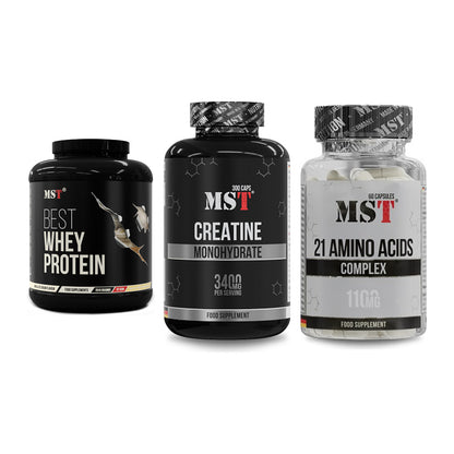 MST Marken-Trio: Best Whey + Creatine + 21 Amino Acids – alle enthaltenen Artikel