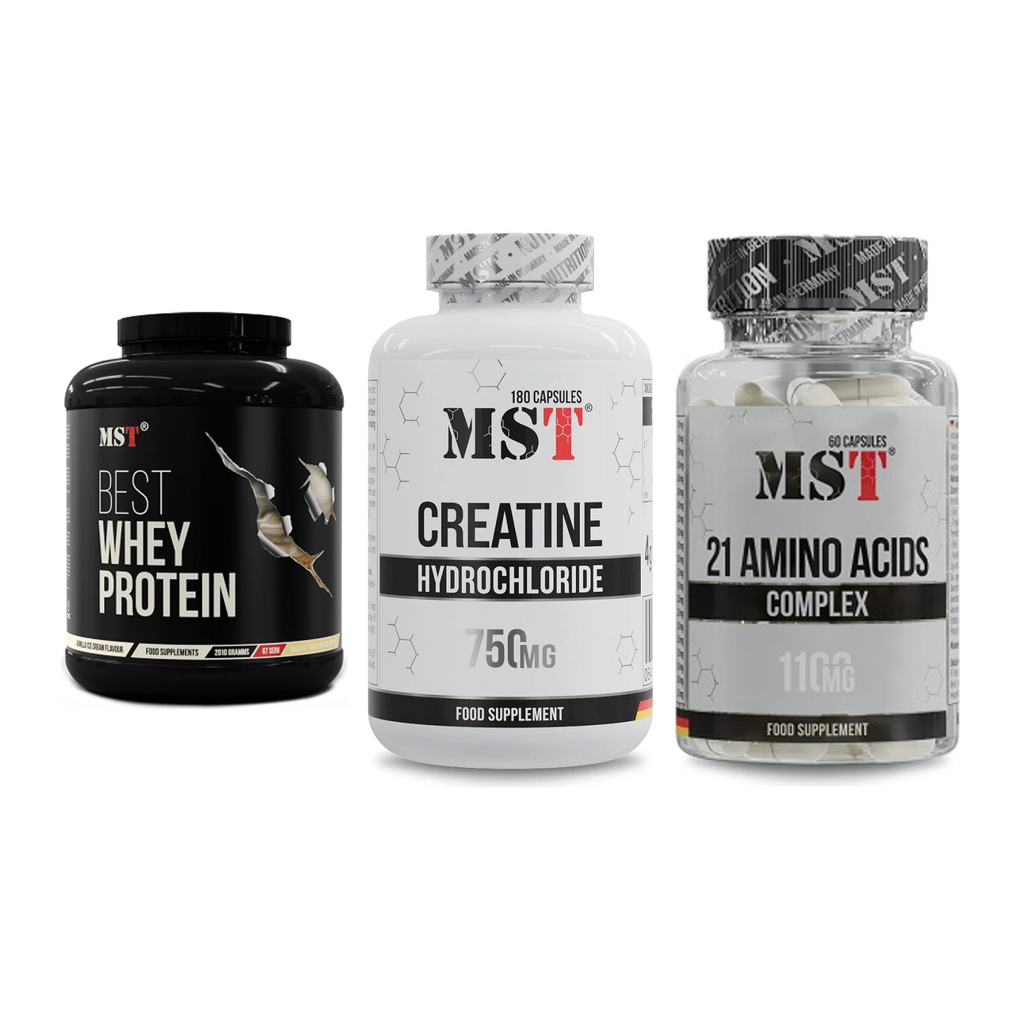 MST Marken-Trio: Best Whey Protein + Creatine HCL + 21 Amino Acids – alle enthaltenen Artikel
