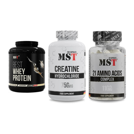 MST Marken-Trio: Best Whey Protein + Creatine HCL + 21 Amino Acids – alle enthaltenen Artikel