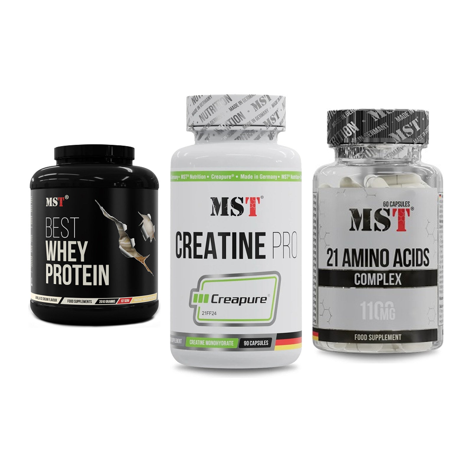 MST Marken-Trio: Best Whey + Creatine Pro + 21 Amino Acids – alle enthaltenen Artikel
