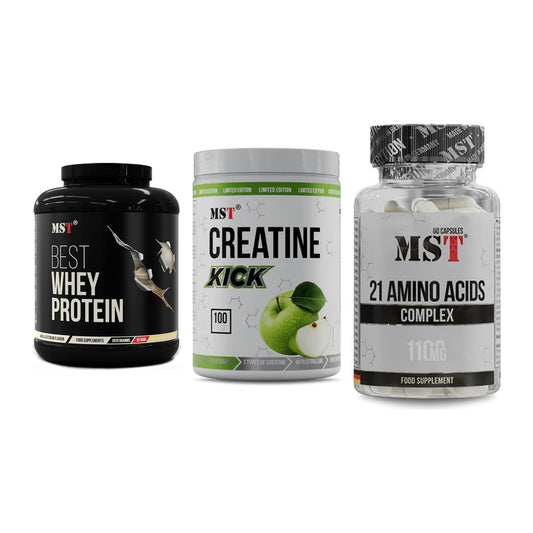 MST Marken-Trio: Best Whey + Creatine Kick + 21 Amino Acids – alle enthaltenen Artikel