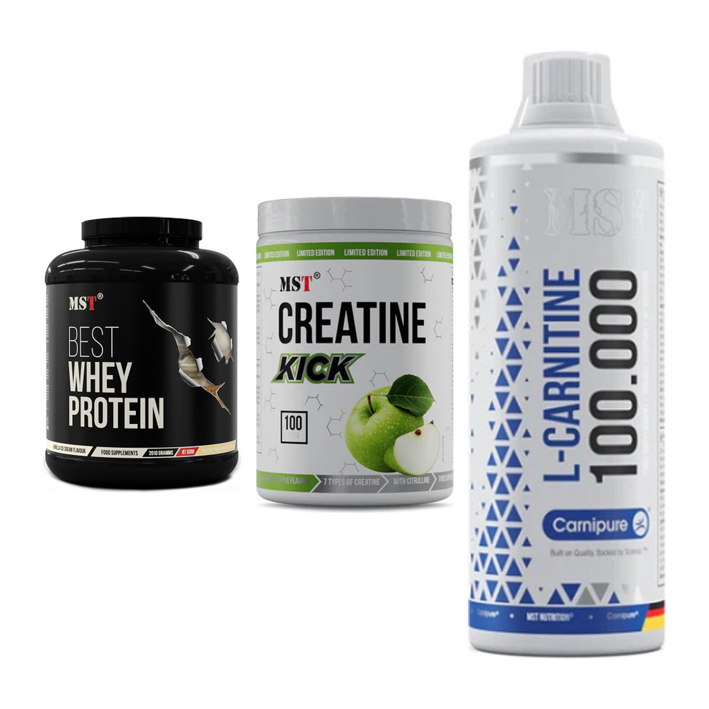 MST Marken-Trio: Best Whey + Creatine Kick + L-Carnitine – alle enthaltenen Artikel
